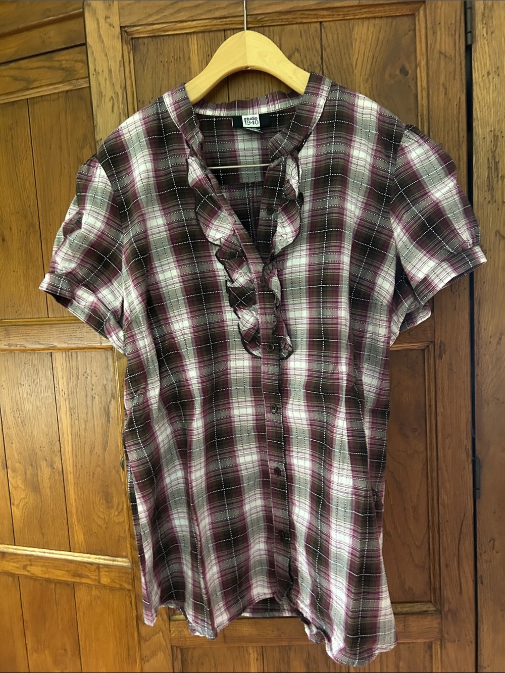 Studio 1940 Burgundy, White and Black Plaid Ruffle V-Neck Blouse
